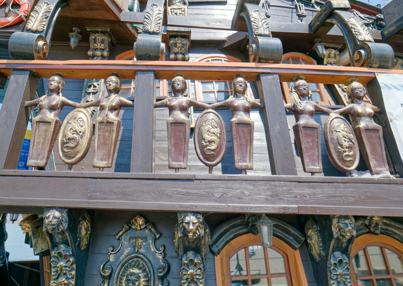 28 - The deck and side of a passenger cruise ship replica designed to resemble a 17th-century galleon